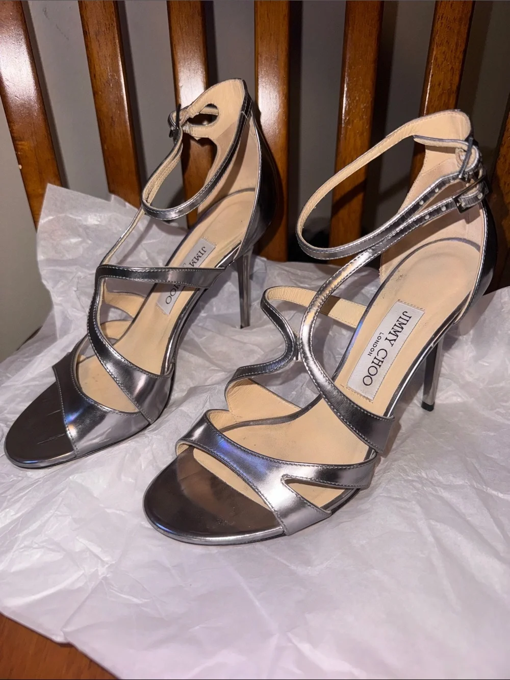 Jimmy Choo Metallic Silver Strappy Stiletto Sandals size 38